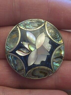 Mexican Alpaca Floral Ladies Brooch With Abalon Inlay
